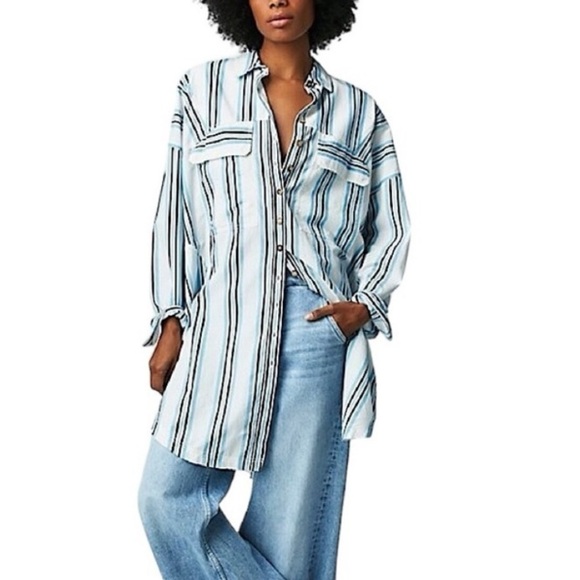 We The Free People Oversized Shirt Size S Poppy Striped White Blue Boho - Picture 1 of 10